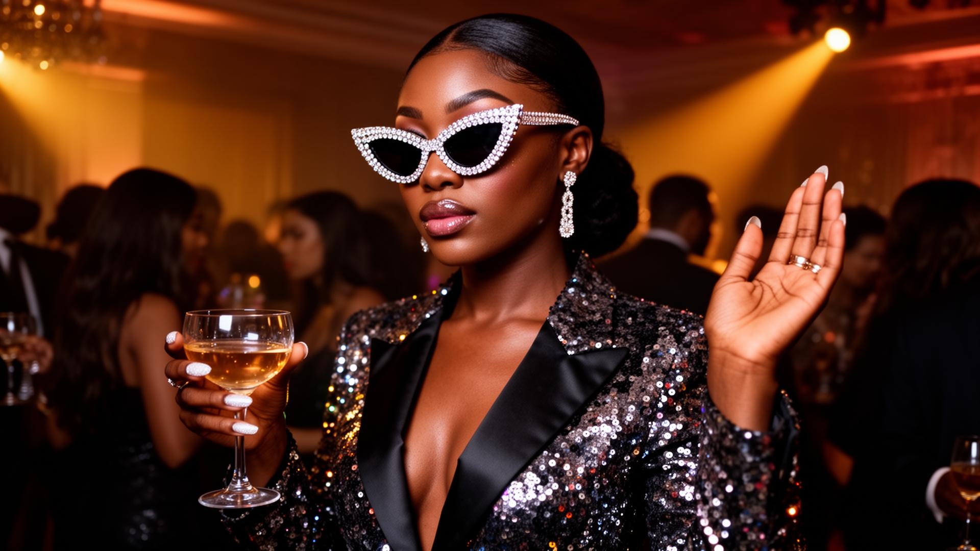 Style glamour façon Emma Lohoues avec lunettes à strass